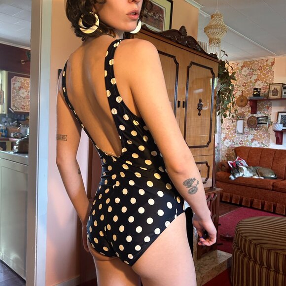1970s Catalina Polka Dot one piece full coverage navy blue swim suit - made in t - Picture 5 of 12